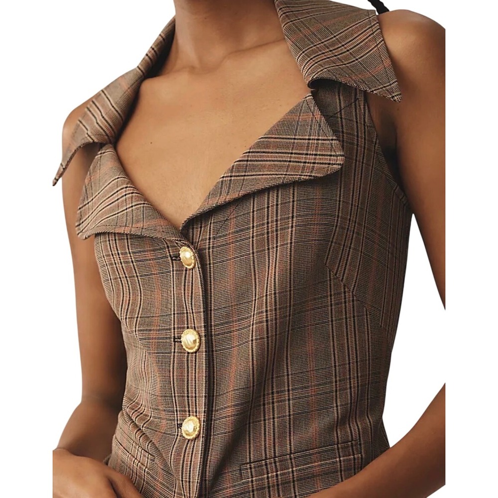 Maeve Anthropologie Brown Plaid Horsebit Back Vest Top Size M